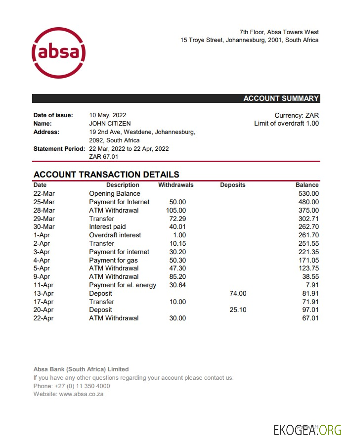 Relevé bancaire ABSA Afrique du Sud xls